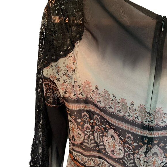 Black Coral Italian Chiffon Paisley Floral Lace Sleeve Dress Size 38 Small NWT - Picture 5 of 14